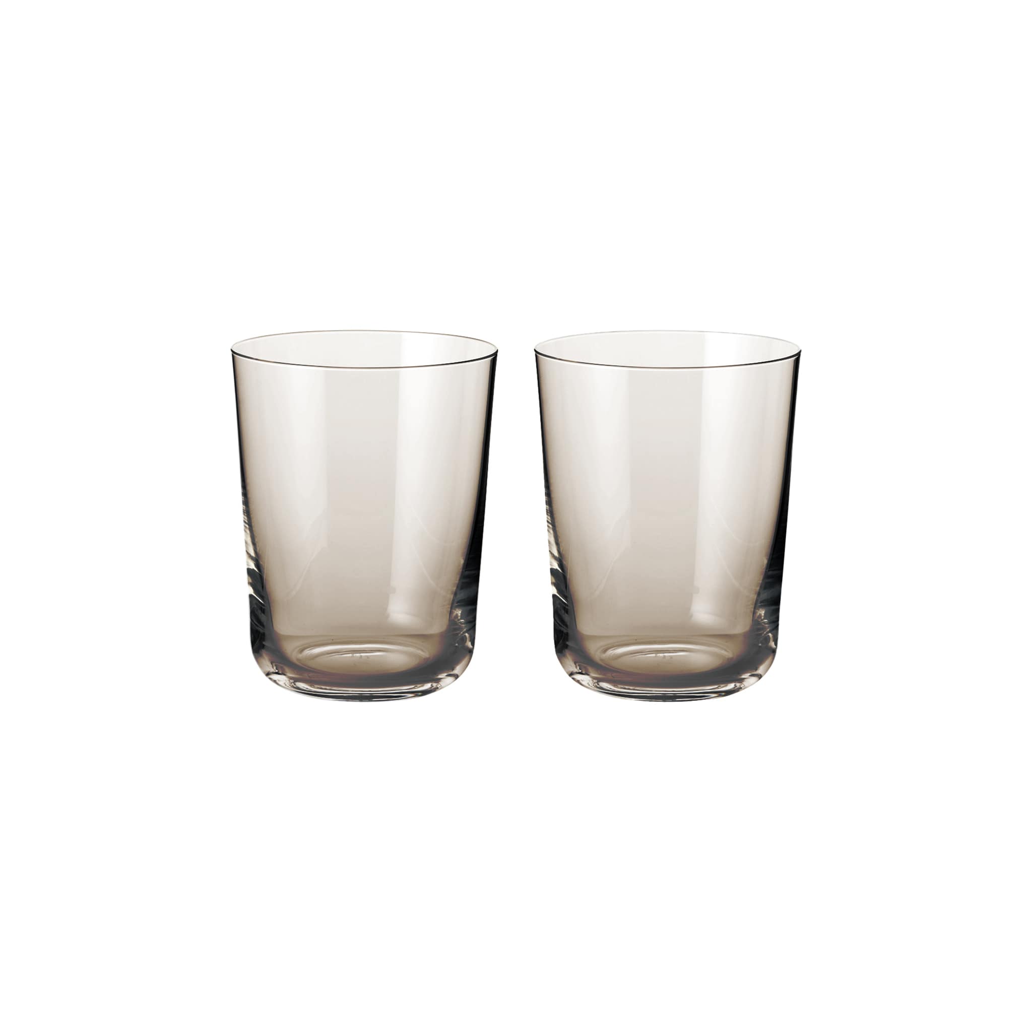 To sylinderformede vannglass i farget copal-brunt glass fra Frederik Bagger, skandinavisk design.
