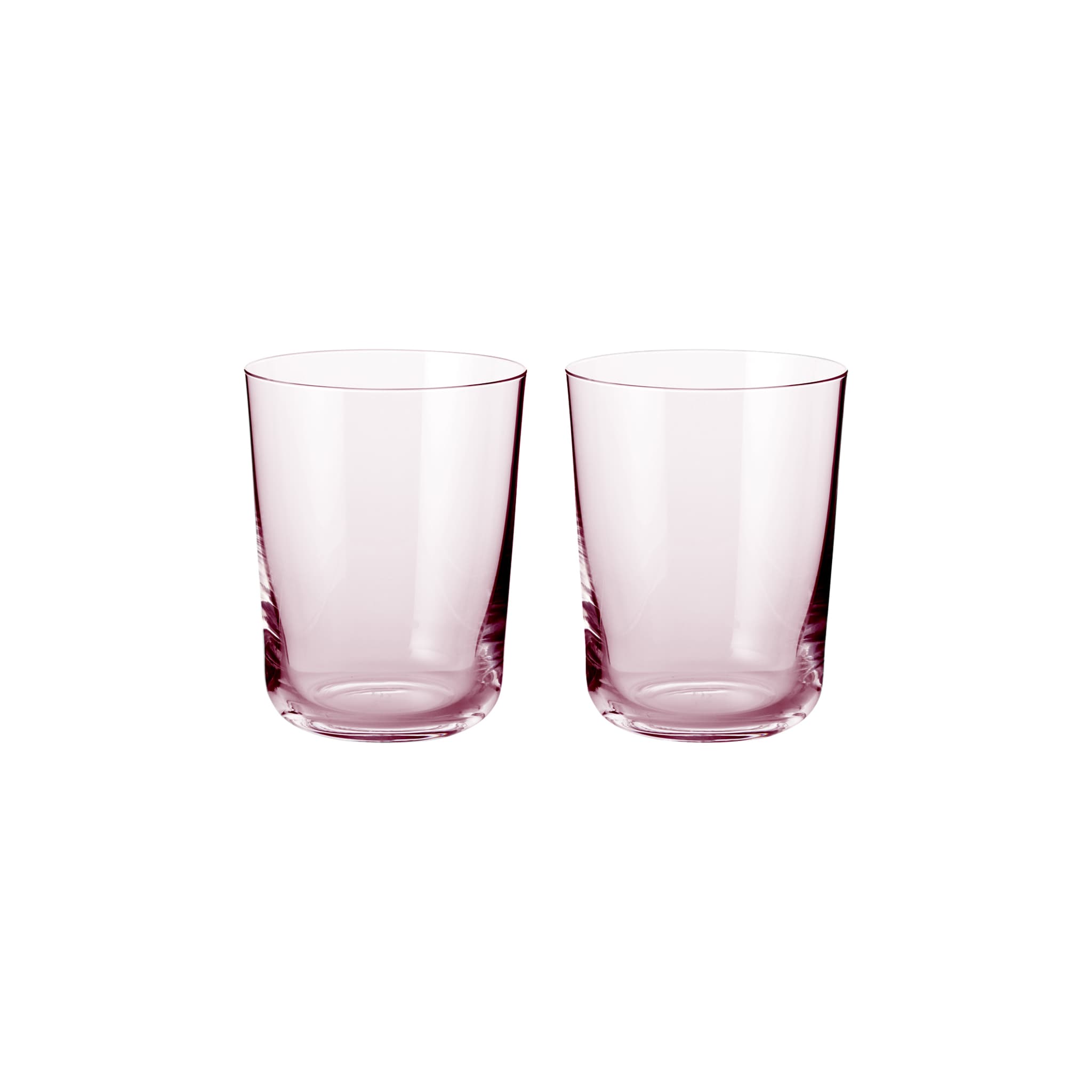 To rosa, sylinderformede vannglass i skandinavisk design fra Frederik Bagger med minimalistisk stil.
