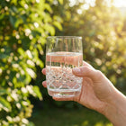 Hånd som holder et klart glass med fasettslipt diamantmønster fra Frederik Bagger i naturlig lys.