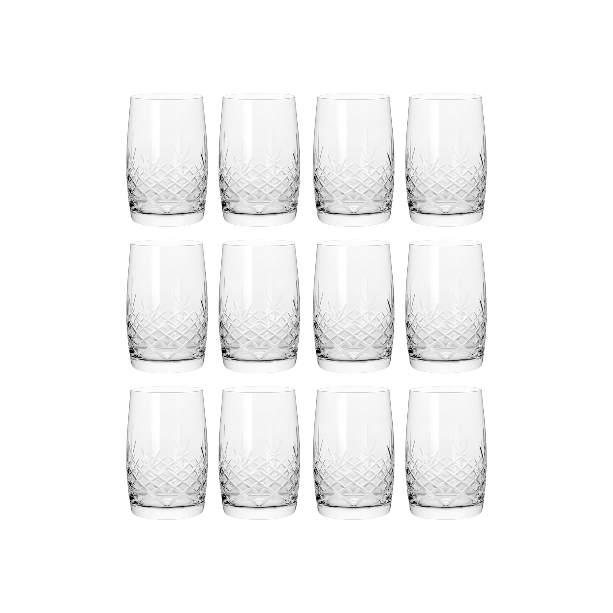 Tolv klare glass med rillet, fasettslipt mønster i skandinavisk design fra Frederik Bagger.