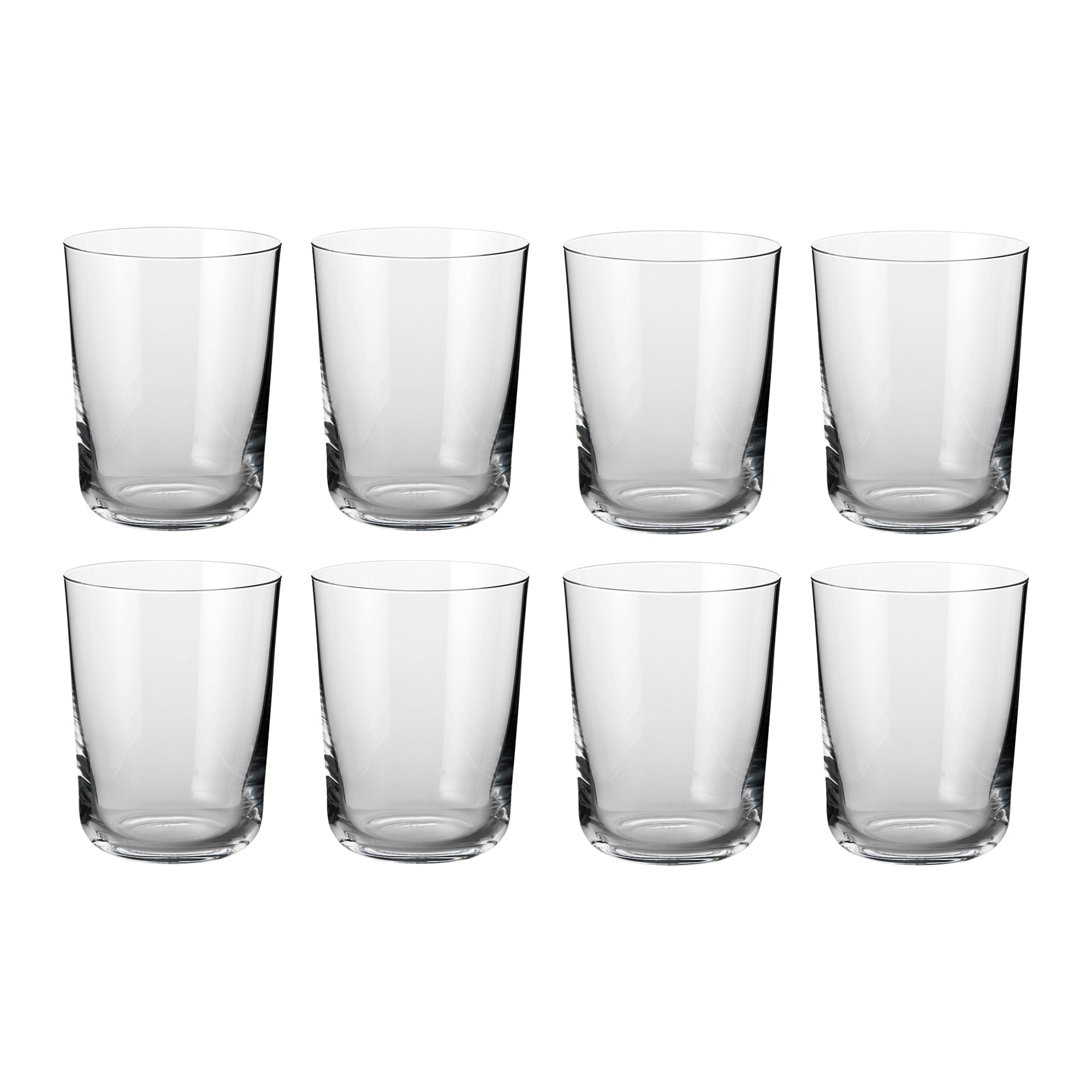 Åtte klassiske sylindriske vannglass i klart glass med skandinavisk design fra Frederik Bagger.