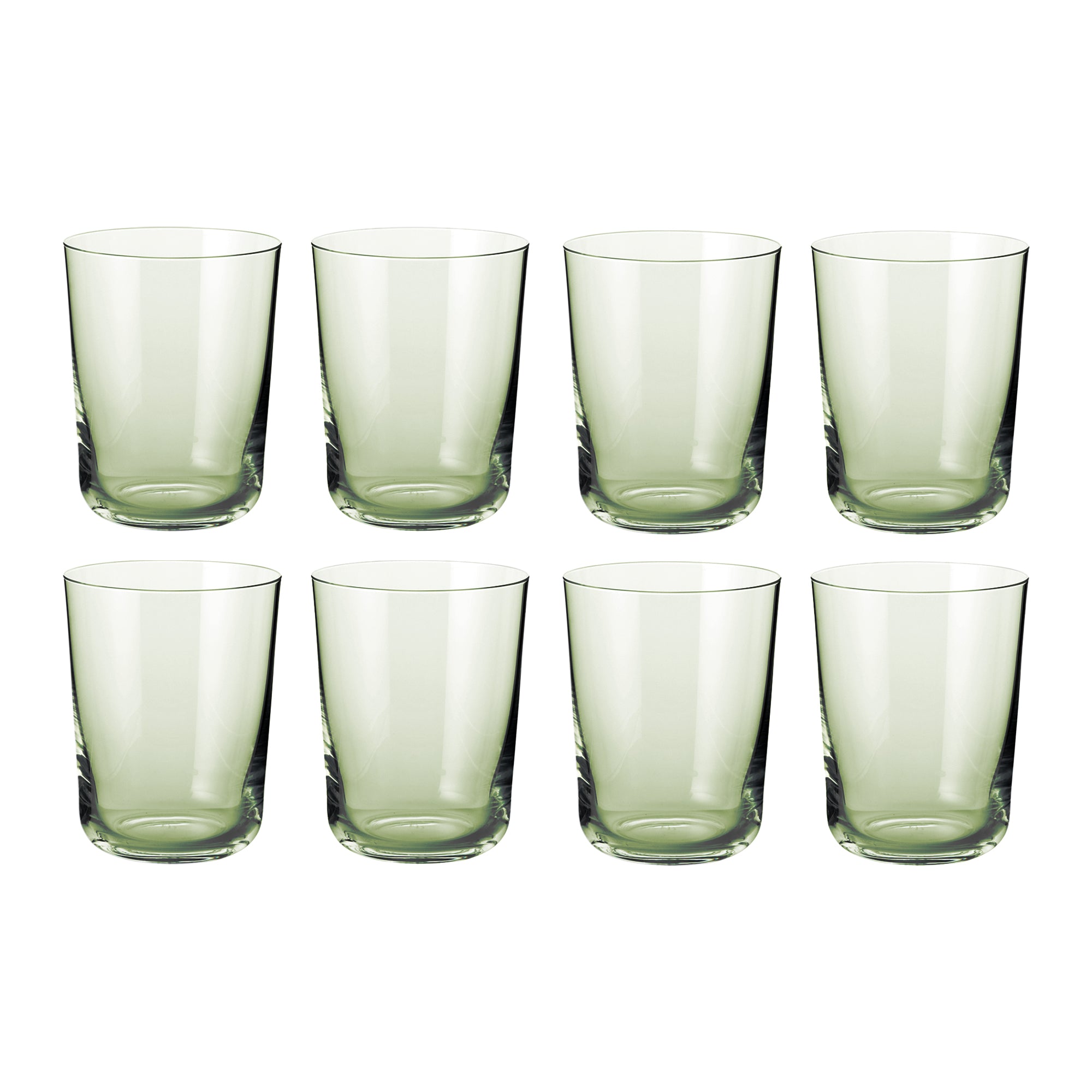 Åtte grønne vannglass med skandinavisk minimalistisk design fra Frederik Bagger.