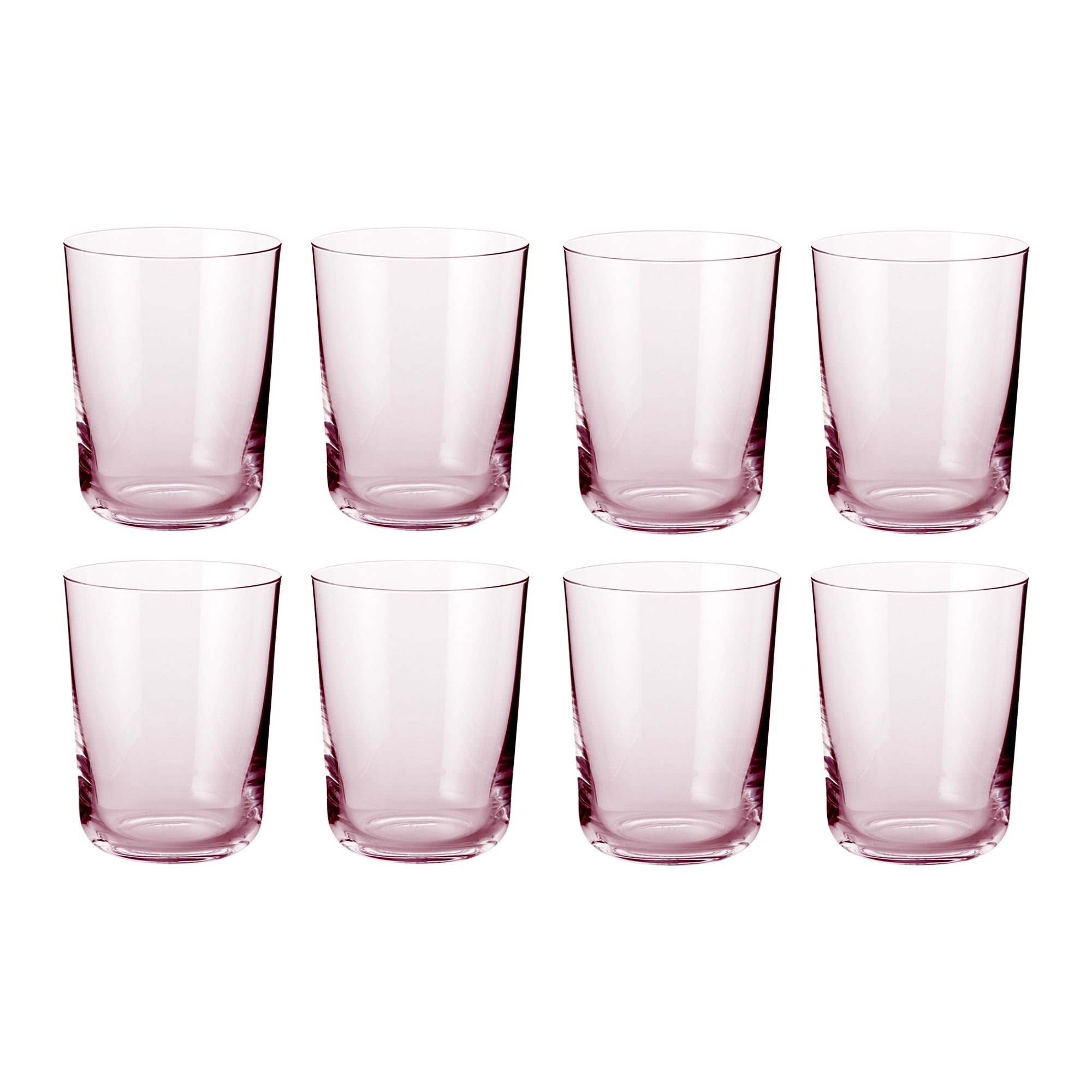 Åtte rosa vannglass i minimalistisk skandinavisk design fra Frederik Bagger, funksjonelle og tidløse.